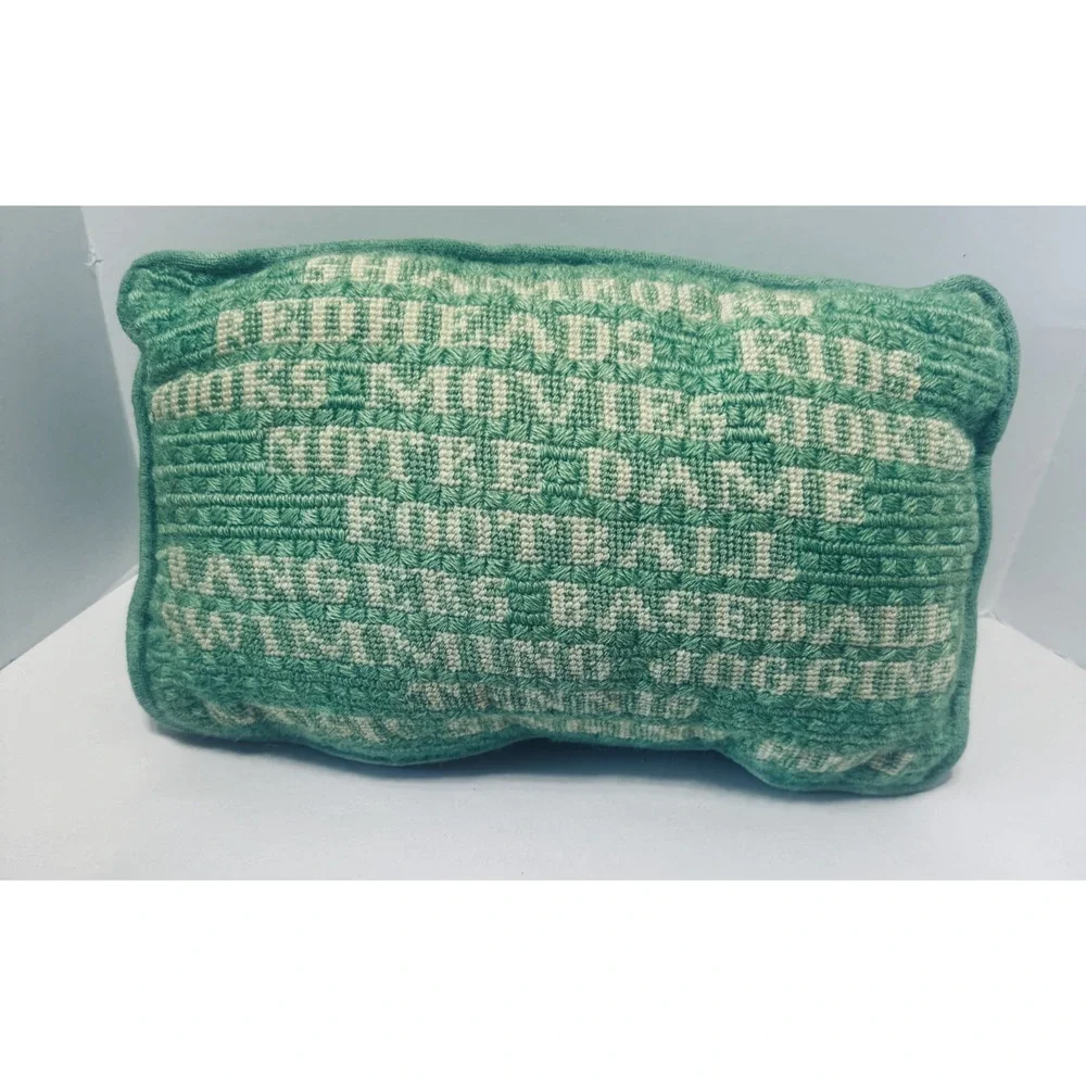 Vintage Hooked Wool Irish Pillow Green Velvet handmade Shamrocks Notre‎ Dame